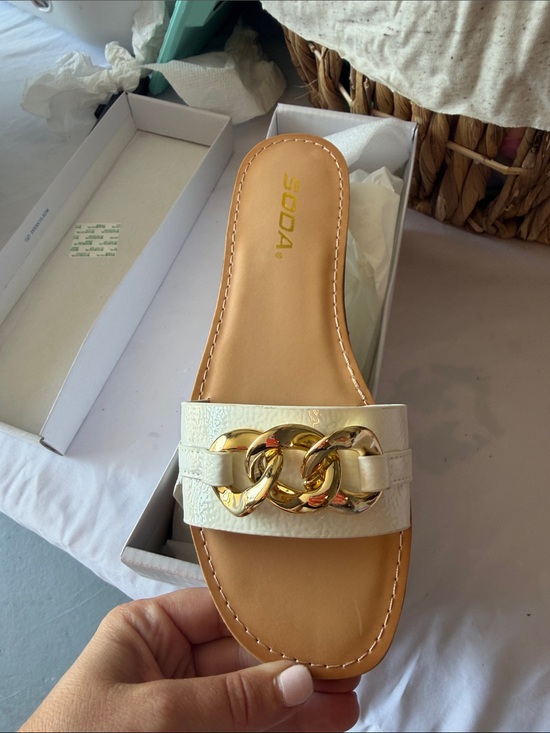 Soda Shoes - SODA White Slide Sandal with Gold Chain Accent
